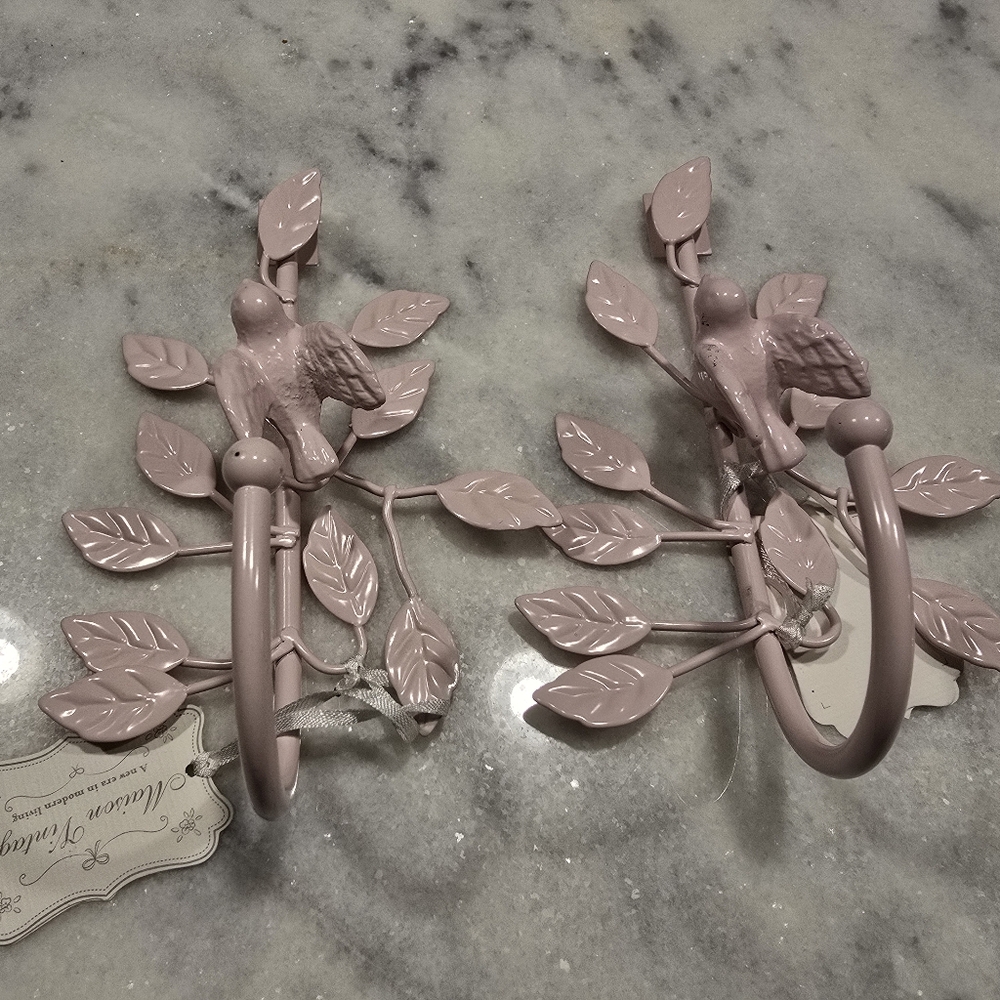 Metal hooks, set of 2, pink, bird and leaves